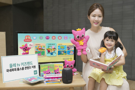 KT 모델들이 '키즈랜드 TV 홈스쿨' 서비스를 소개하고 있다.  KT 제공